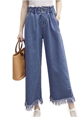 Джинсовые брюки-гаучо с боковой резинкой, темно-синие, с эффектом потертости. Идеальны для и Удобные и Идеальны для Весны и Милые и Идеальны для