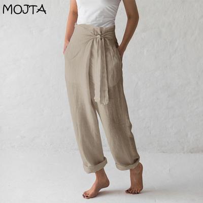 Летние женские широкие брюки сплошного цвета с высокой талией, хлопковые льняные длинные брюки, брюки больших размеров