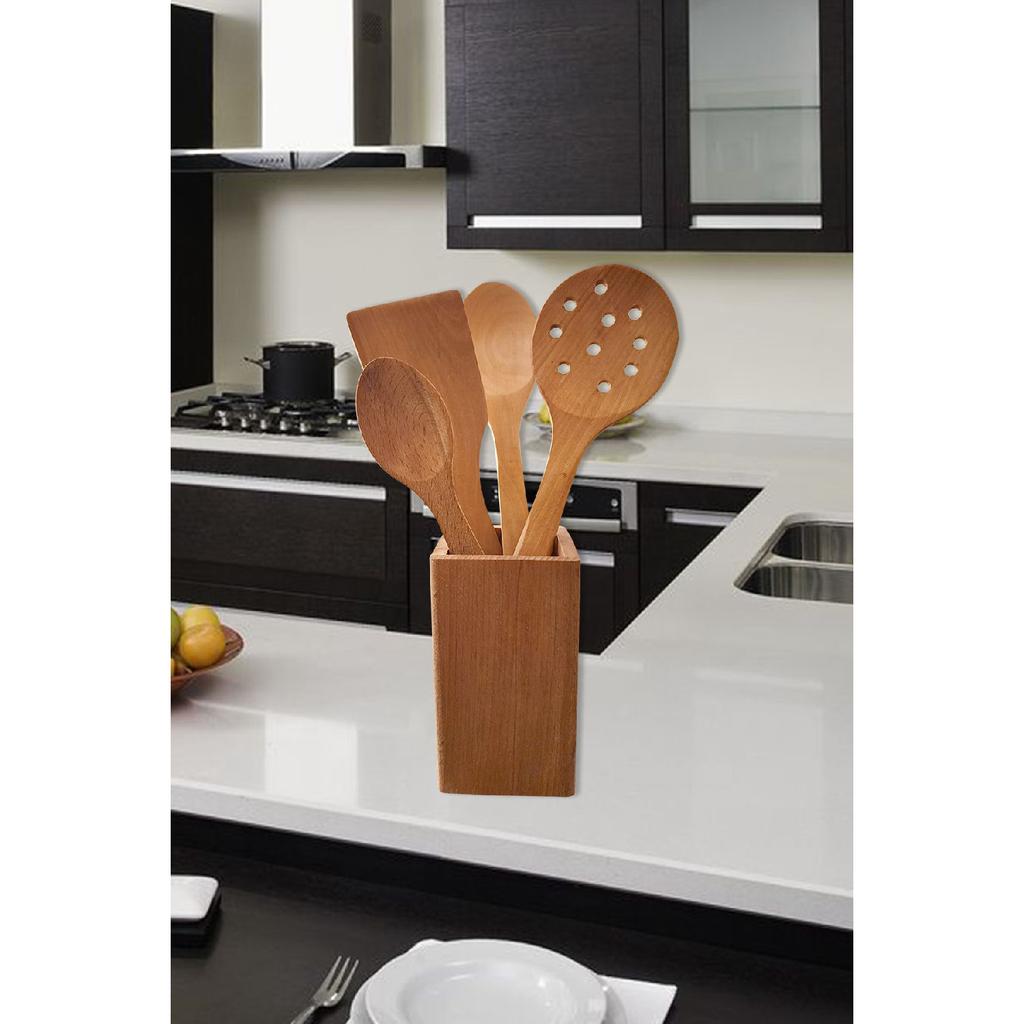 Wooden Wooden Spoon Set With Stand Food Serving Presentation Spoon Set Wooden Spoon Holder (5 Pieces)