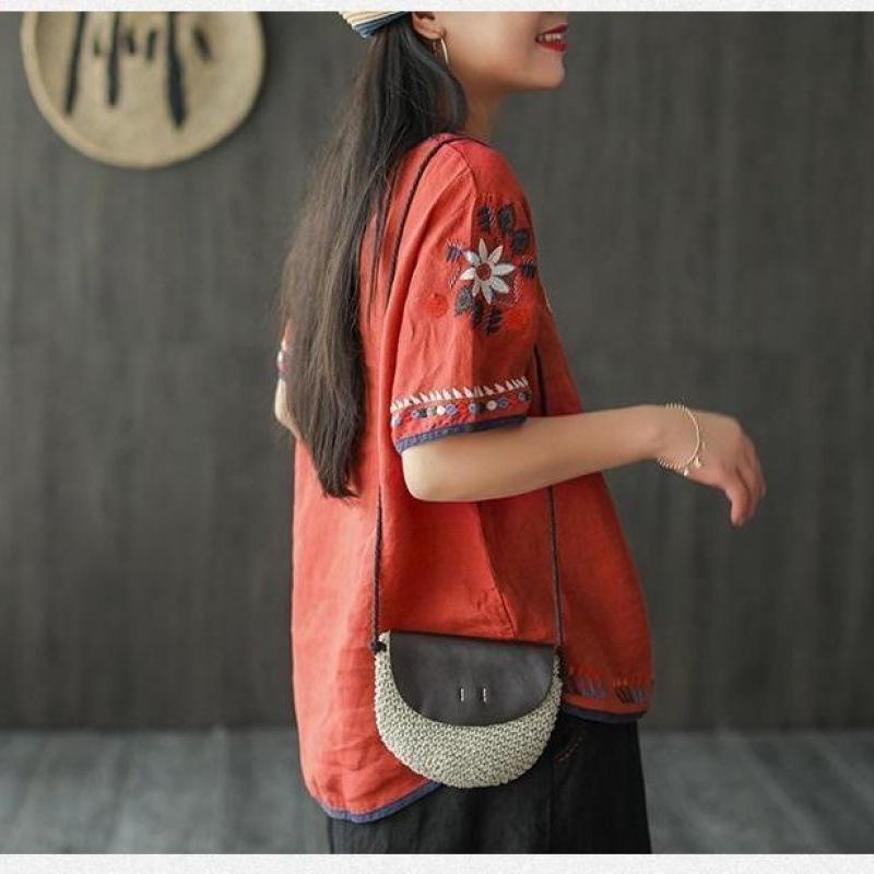 Женские летние этнические винтажные топы с короткими рукавами, свободные пуловеры больших размеров, топы