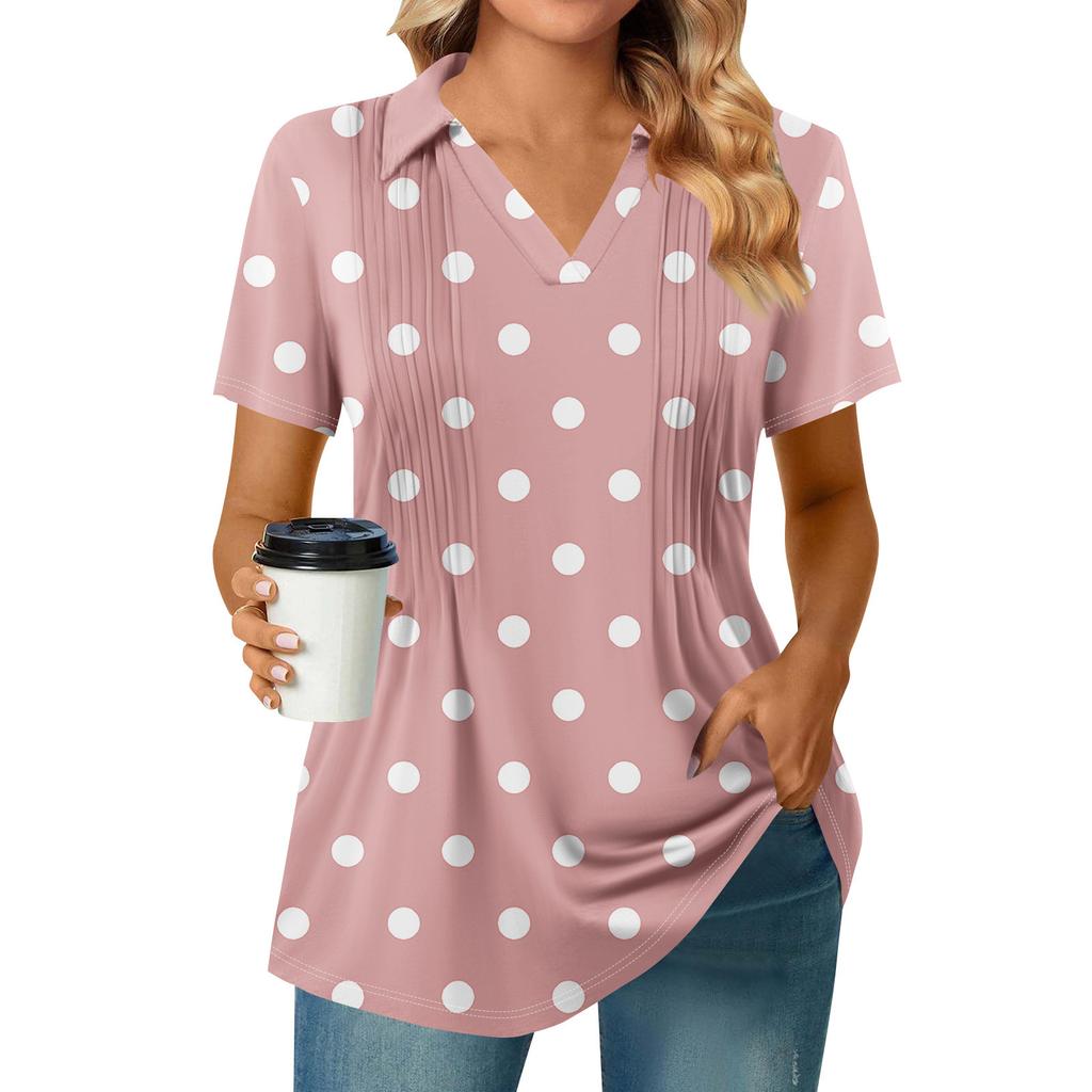 Женские футболки с коротким рукавом, плиссированные, с V-образным вырезом, с принтом, с воротником, летние топы, модные, деловые, повседневные, рабочие