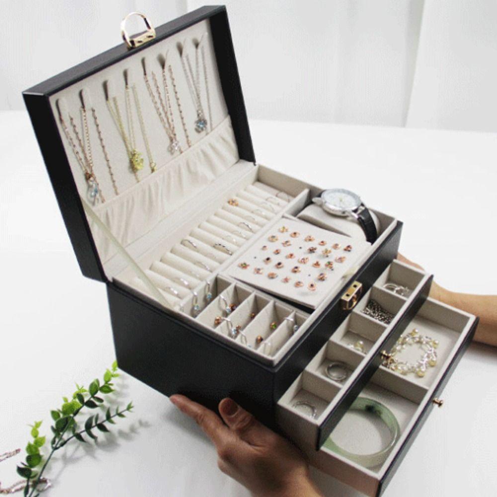 Lockable Storage Box Leather Jewelry Packaging Box Multi-function Double Layer Jewelry Box  Travel