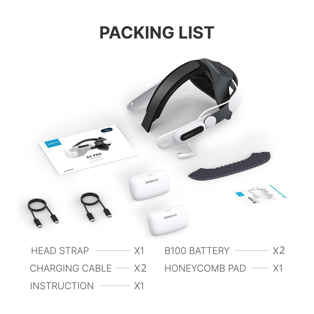 BOBOVR E3 Pro Battery Strap Plus ONE B100 Battery Compatible with Meta Quest 3 and 3S Extended Playtime Comfort Fit Enhanced VR Experience