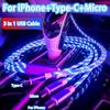 Светящийся светодиодный светильник 3 в 1, кабель Micro USB Type C для быстрой зарядки 3A для iPhone, Samsung, Xiaomi, Redmi, зарядное устройство для телефона, USB-кабель