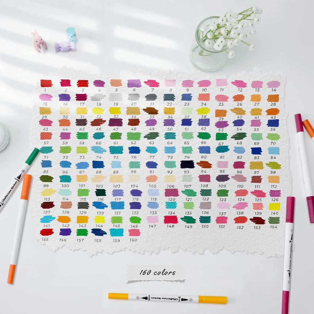 Ohuhu Art Marker 160 Color Pen Brush and Extra Fine Twin Watercolor Perfect for Coloring Art with Storage Christmas Gift Pens, Set, Water-Based