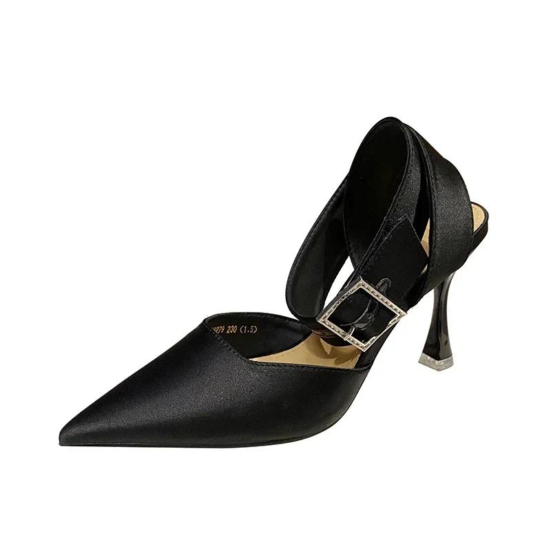 Модная летняя обувь для женщин, темпераментные туфли-лодочки с острым носком, сандалии на тонком высоком каблуке, ремешок с квадратной пряжкой из стразов, клубная обувь для вечеринок