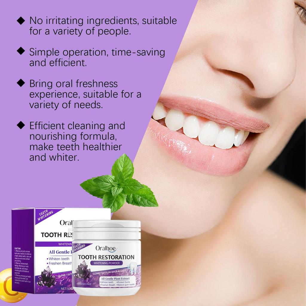 Oralhoe 50g Teeth Whitening Powder Purple Brighten Mint Scent Fresh Breath Remove Stain Oral Hygiene Clean Bleach Teeth Powder
