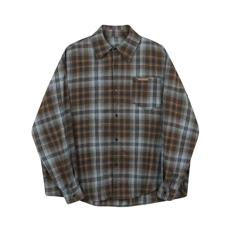TGNS Trendy Spring Brushed Plaid Shirt Unisex Retro American Loose Casual Japanese Style Universal Couple Jacket