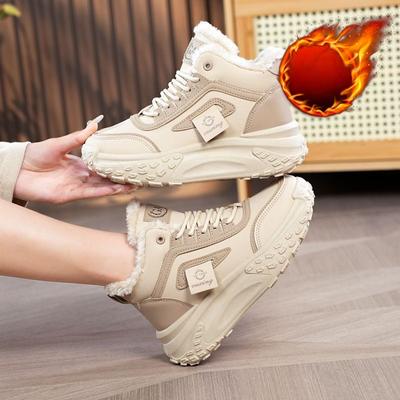 Обувь для женщин. Зимние плюшевые кроссовки на массивном каблуке. Повседневная теплая обувь на толстой подошве со шнуровкой.