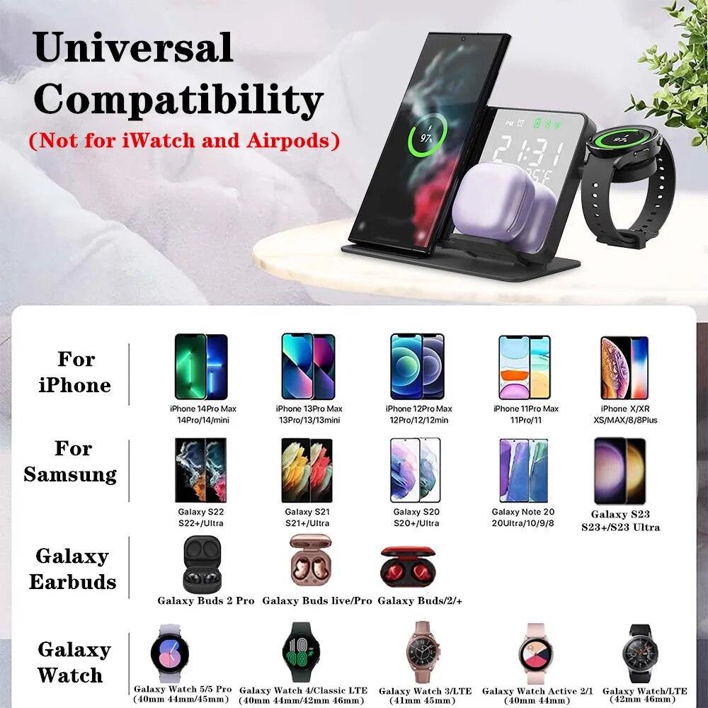 Беспроводное зарядное устройство 3 в 1 для Samsung Galaxy Watch 6 5 Pro, станция быстрой зарядки для Galaxy S23 S22 S21, зарядные устройства для будильника, подставка