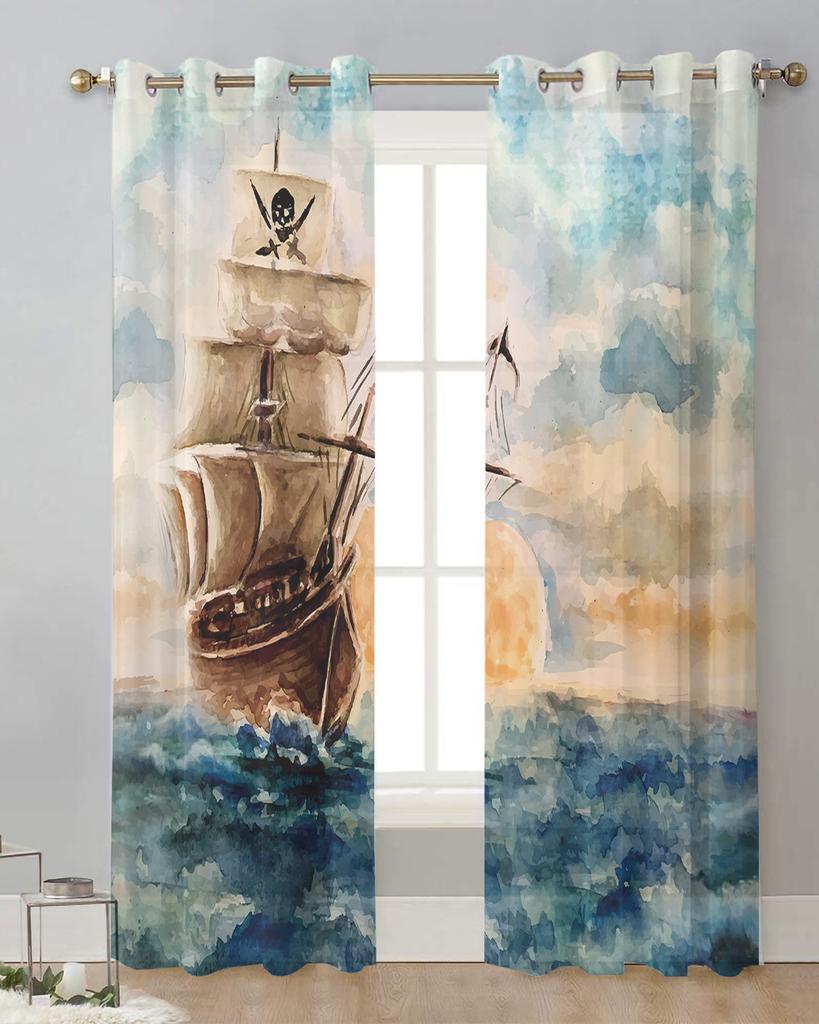 Oil Painting Style Pirate Boat Sheer Curtains for Living Room Decoration Window Curtains Kitchen Tulle Voile Organza Curtains