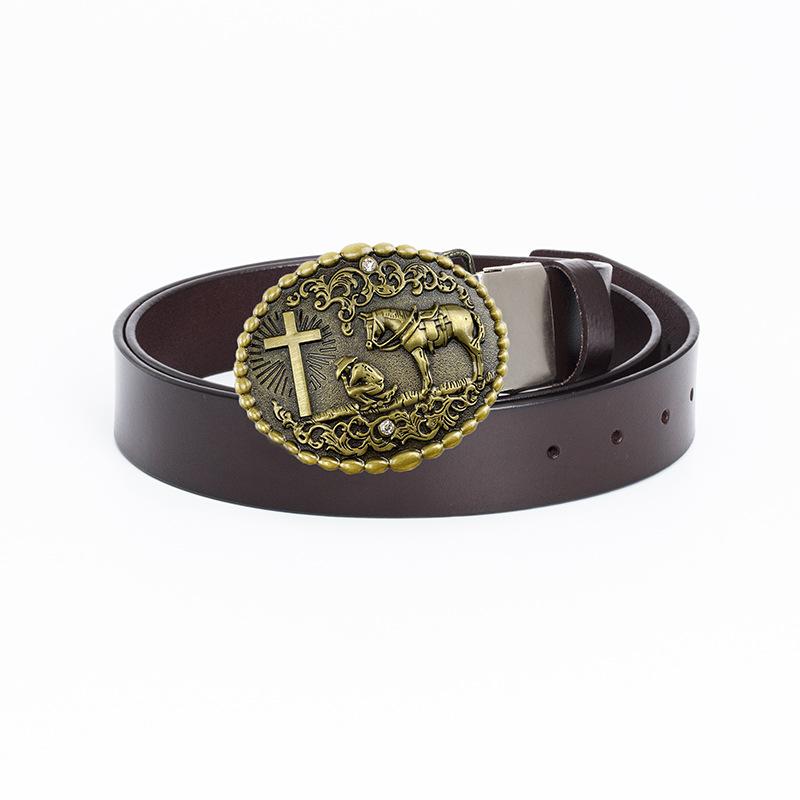 Ремень Western Cowboy Horse Cross из цельной коровьей кожи в винтажном стиле