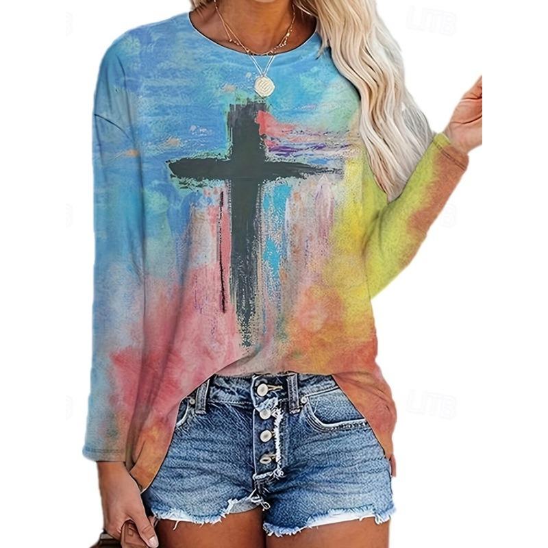 Fashion Women's T shirt 3D Print Faith Cross Graphic Casual Tee Holiday Fashion Long Sleeve T-shirt O-Neck Sweatshirt Pullover