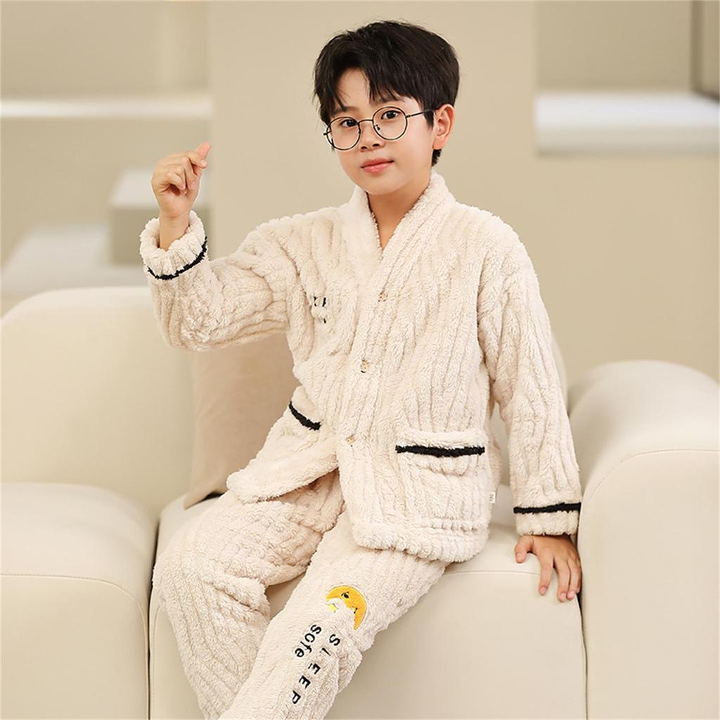 Boys' Coral Fleece Pajama Set - Velvet Flannel for Fall/Winter
