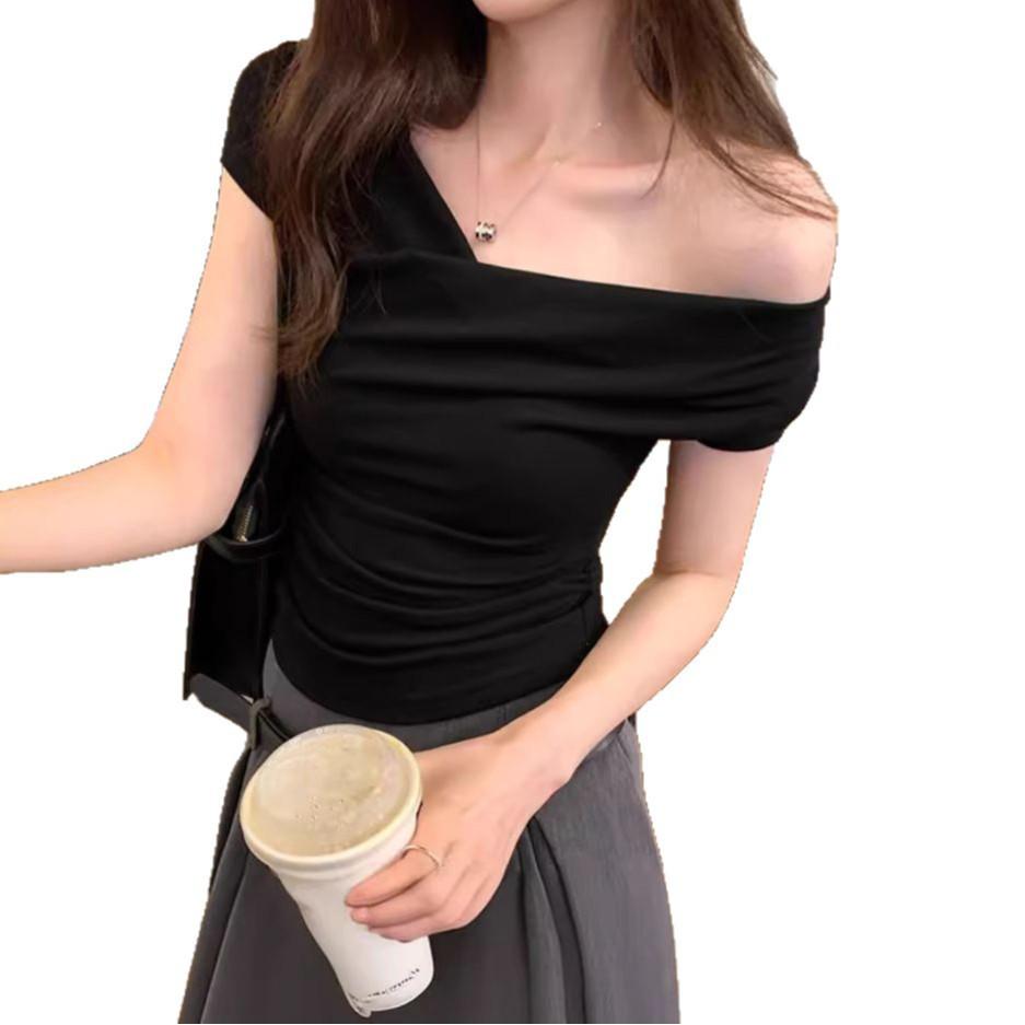 Trendy One Shoulder Cowl Neck Slim Fit Short Sleeve Top for Women