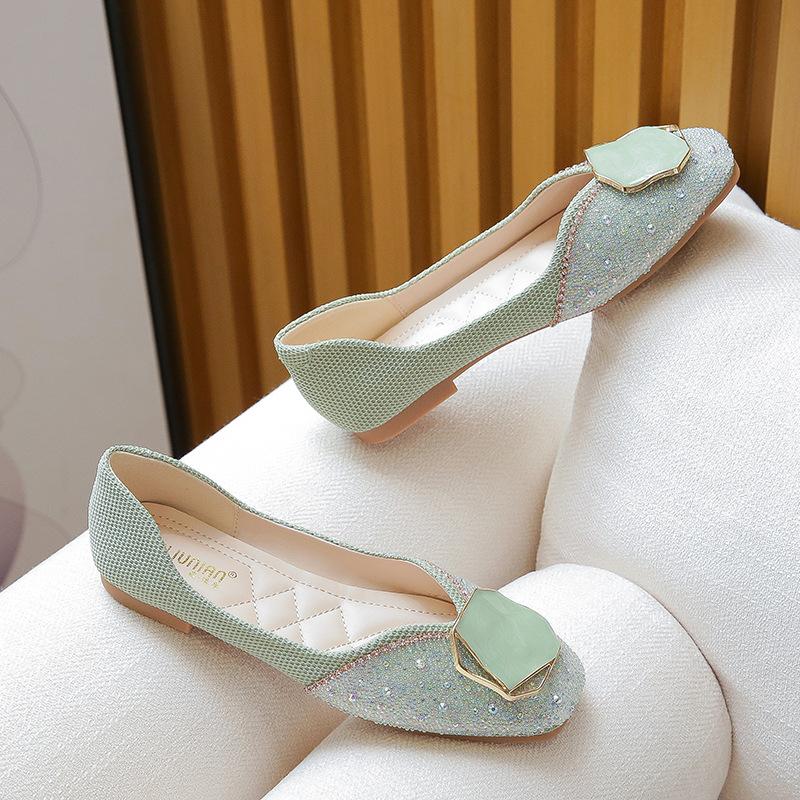 Flat Bottom Square Head Single Shoes Women's Spring and Autumn New Shallow Mouth Soft Sole Doudou Shoes Large Size