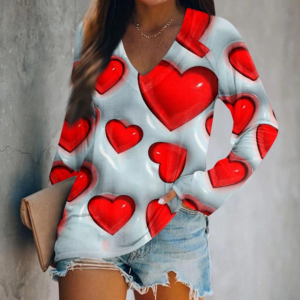 Women's Long Sleeved T-shirt V-neck Valentine's Day Print Casual And Comfortable Top