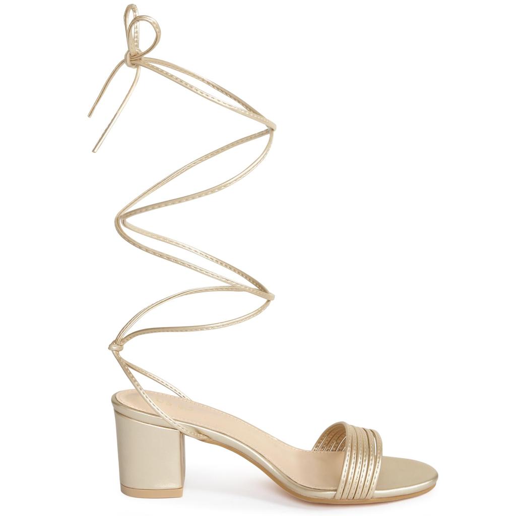 Allegra K Women's Sparkle Strap Lace-Up Block Heel Sandals, Gold, Size 24.0cm