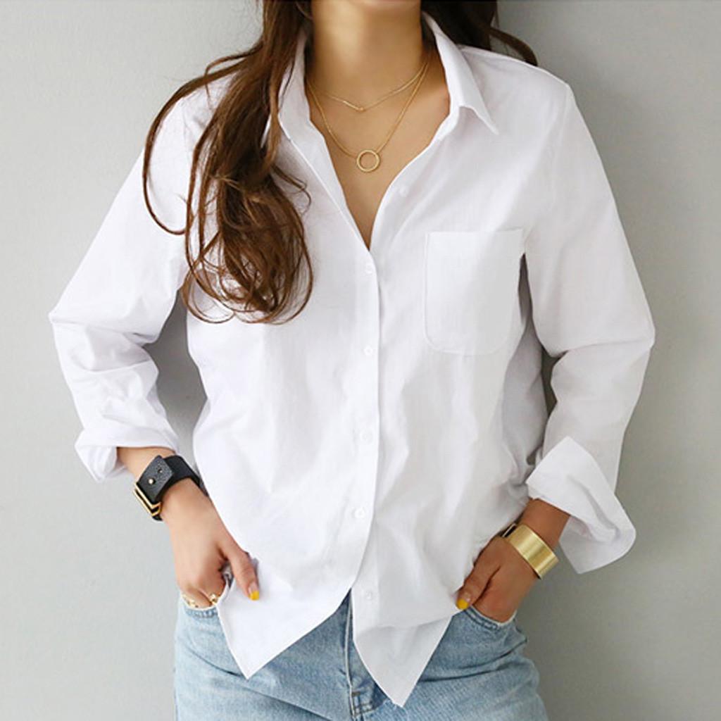 Fashion Women's White Blouse 2025 Chic Long Sleeve Lapel Button Up Shirt Tops Turn-Down Collar Pocket Shirts Women'S Clothing