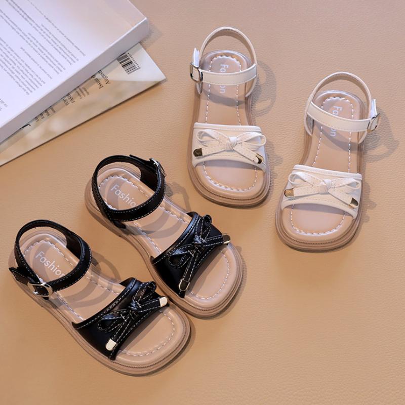 Девочки Сандалии Летние Однотонные Детские Повседневные Принцесса Бант Плоские Сандалии Модные Сандалии с Открытым Носком Детские Школьные Черные Бежевые Сандалии