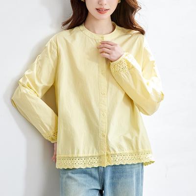 Гусино-желтая рубашка для женщин с длинным рукавом летняя новая кружевная блузка свободная приталенная рубашка