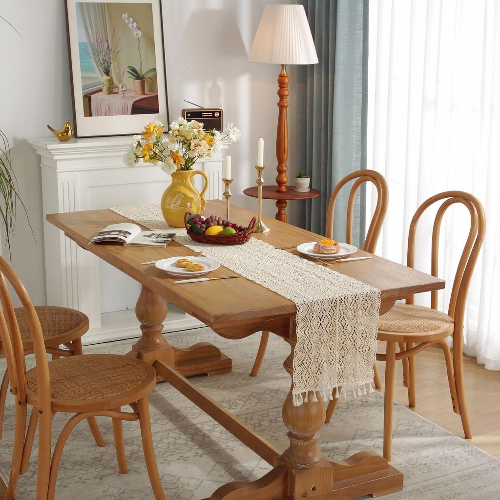 Wide Splicing Pastoral Crochet Knitted Hollow Dining Table Cloth Lace Fringed Table Flag