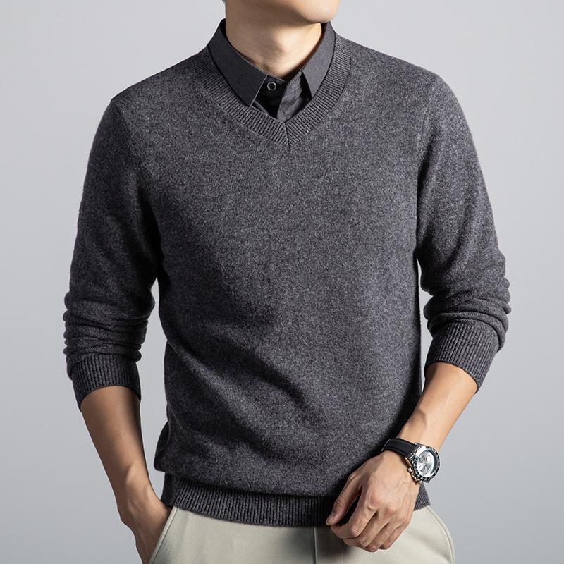 2025 Men's Thick Wool V-Neck Lapel Sweater - Fake Two-Piece Business Knitwear