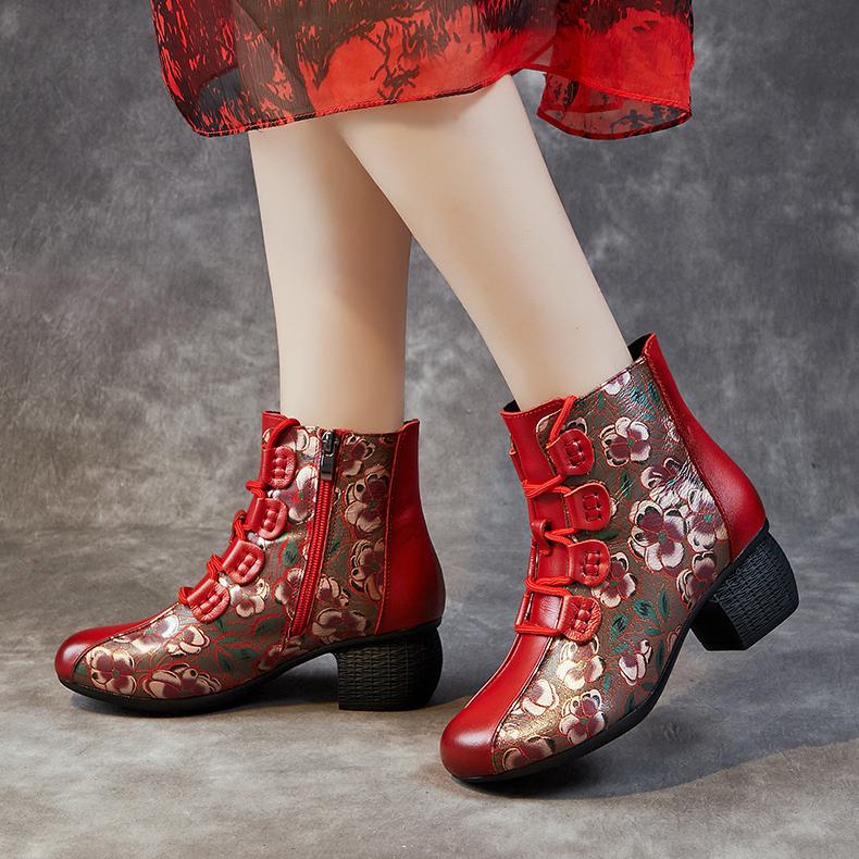 Johnature Короткие ботинки, женские теплые женские туфли с круглым носком и толстым каблуком в этническом стиле, на мягкой подошве с принтом