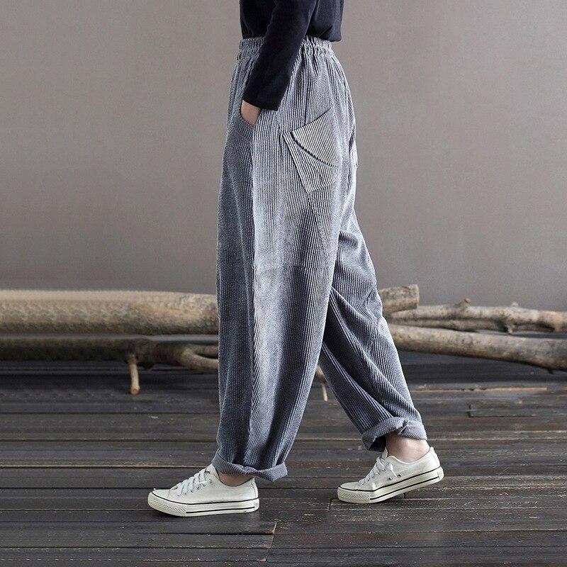 Johnature Women Vintage Corduroy Casual Pants Washed Distressed Loose Autumn Winter Solid Color Elastic Waist Trousers