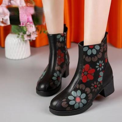 Женские ботильоны в стиле ретро 2024 года, зимние высококачественные женские ботильоны из искусственной кожи с этническим принтом, удобные туфли на среднем каблуке с круглым носком для мам