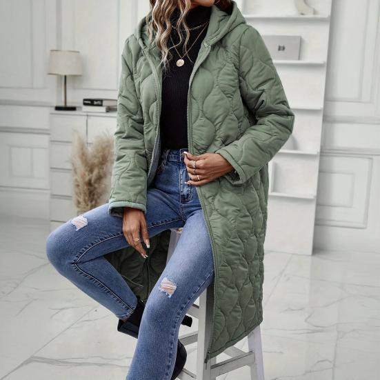 Long Quilted Puffer Jacket for Women Casual Lightweight Zip Up Hooded Coat Winter Knee Length Padded Outerwear
