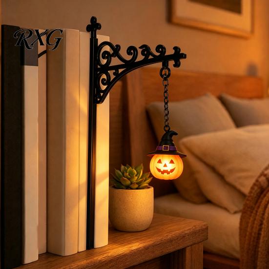 Book Corner Ornament Halloween Iron Library Lamp, Vintage Bookshelf Light with Ghost Pumpkin Bat Themed Gift Pendants, Reading Nook Nightlight, Spooky