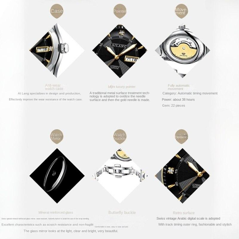 AILANG Мужские полностью автоматические механические часы Мужские часы Модные водонепроницаемые часы с двойным календарем из камня и стали