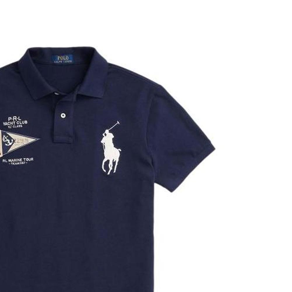 Polo Ralph Lauren FW23 Узор Вышитый Хлопок Рубашка Поло с Коротким Рукавом Мужские Топы Темно-Синий 710910565-001