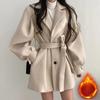 Hong Kong Style Autumn and Winter Clothes New Year Retro Suit Coat Collar Tie Waist Lantern Sleeve Small Woolen Coat Women