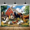 Farm animal party background with vibrant cow, sheep, horse, chicken, goose, pig and dog scene with red barn and windmill