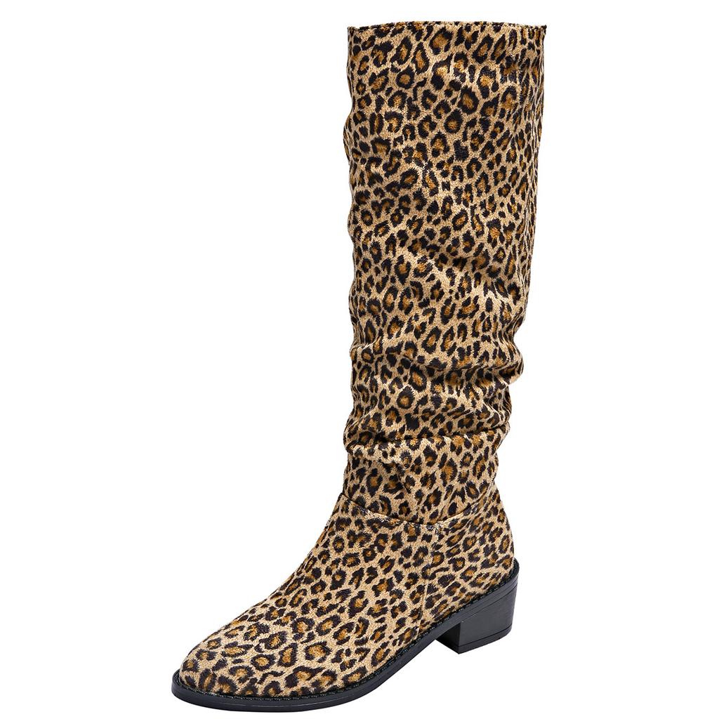 Leopard Print High Leg Women's Boots 2025 Autumn and Winter New Style Pointed Low Heel Sleeve Western Cowboy Boots Size 35-43