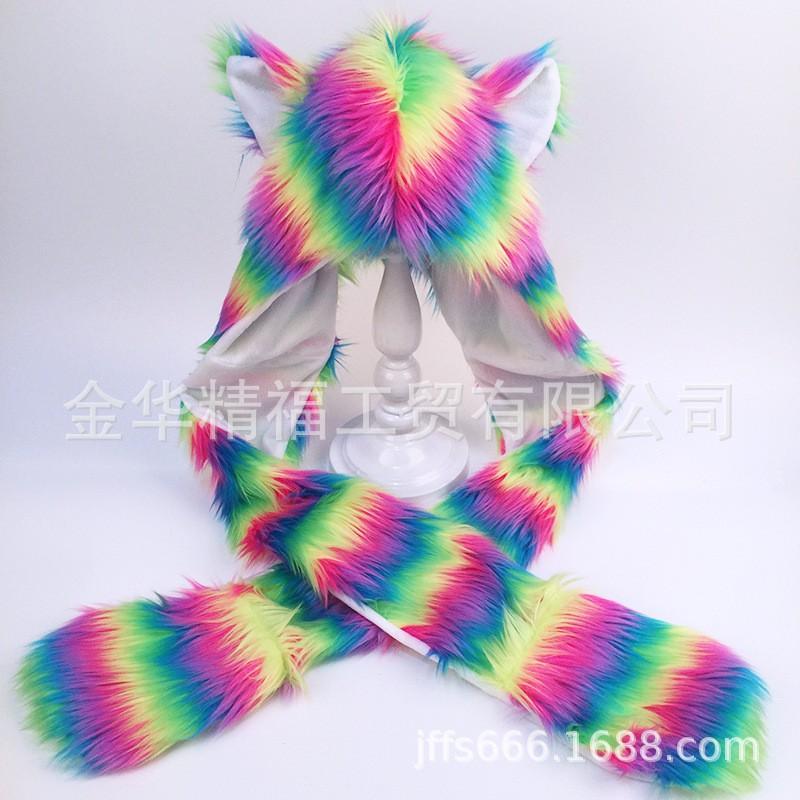 Winter Faux Fur Animal Hat Scarf Gloves 3-in-1 5-Color Striped Party Women Men