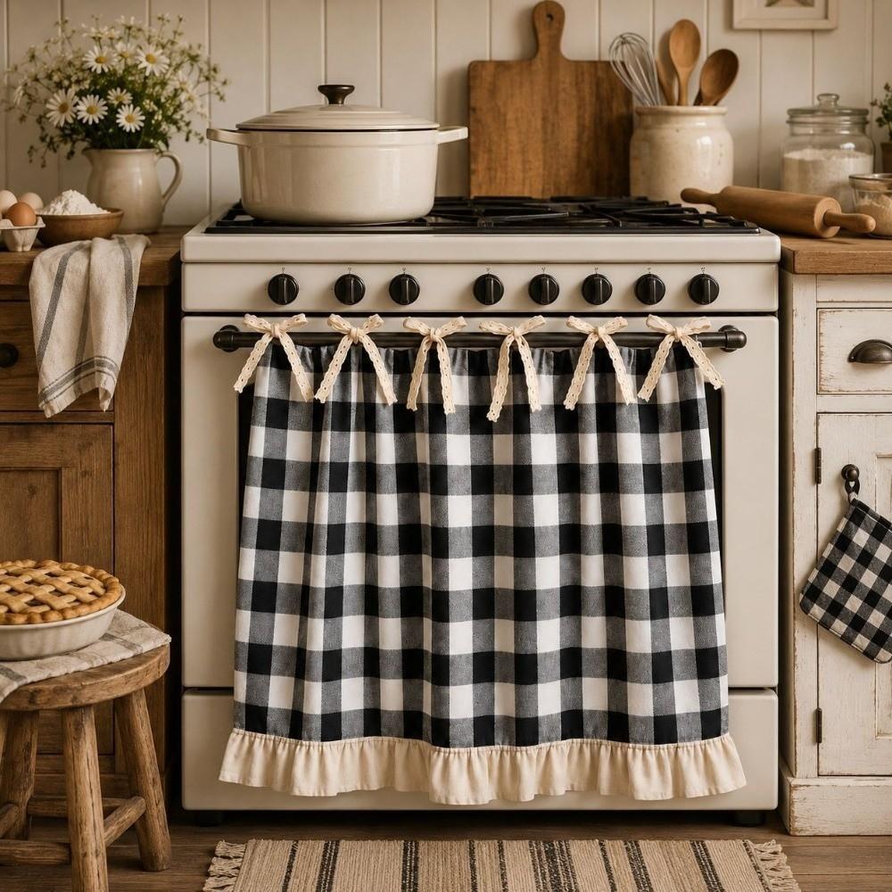 Cotton Linen Blend Kitchen Oven Door Valance Ruffle Trim Rustic Oven Decor Curtain Dishwasher
