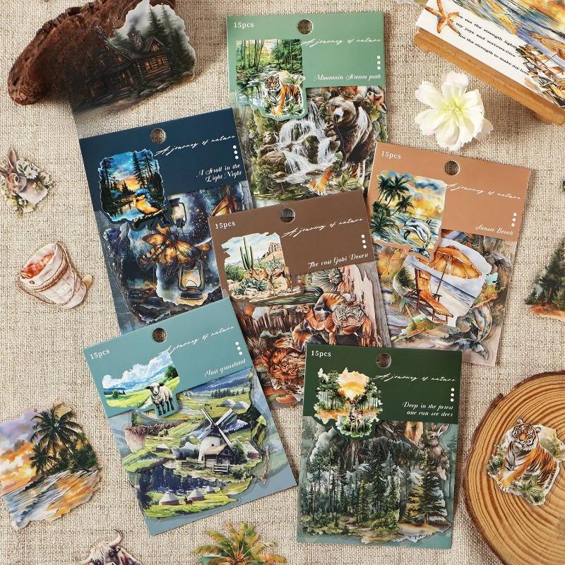 15 шт./пакет Серия Nature Journey Винтажный Лес Дерево Пляжный Пейзаж Материал Коллаж ПЭТ Наклейка Креативные DIY Журнал Канцелярские товары