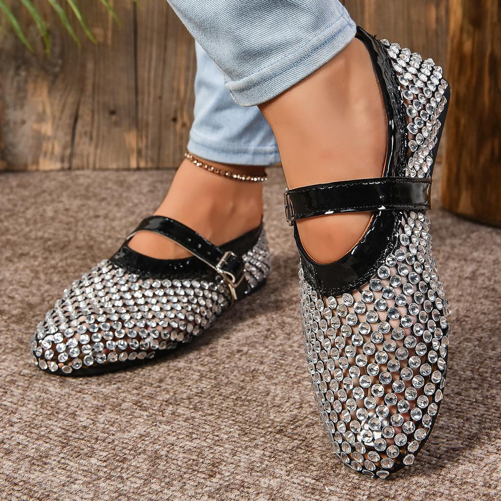 2024 Summer Mesh Buckle Hollow Breathable Flat Shoes Full Diamond Women's Sandals Hollow Fashion Single Shoes Fishing Net Shoes Women's
