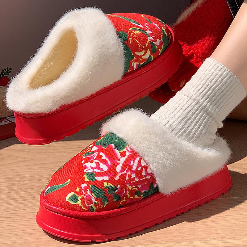 Northeast Big Flower Plush Cotton Slippers Winter Indoor Home Thick Bottom Non-slip Piled Warm Couple Cotton Mop