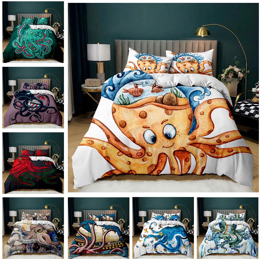 Cartoon Octopus Duvet Cover Set King Queen Size Sea Animal Bedding Set Red Blue 3D Print Microfiber Polyester Comforter Cover