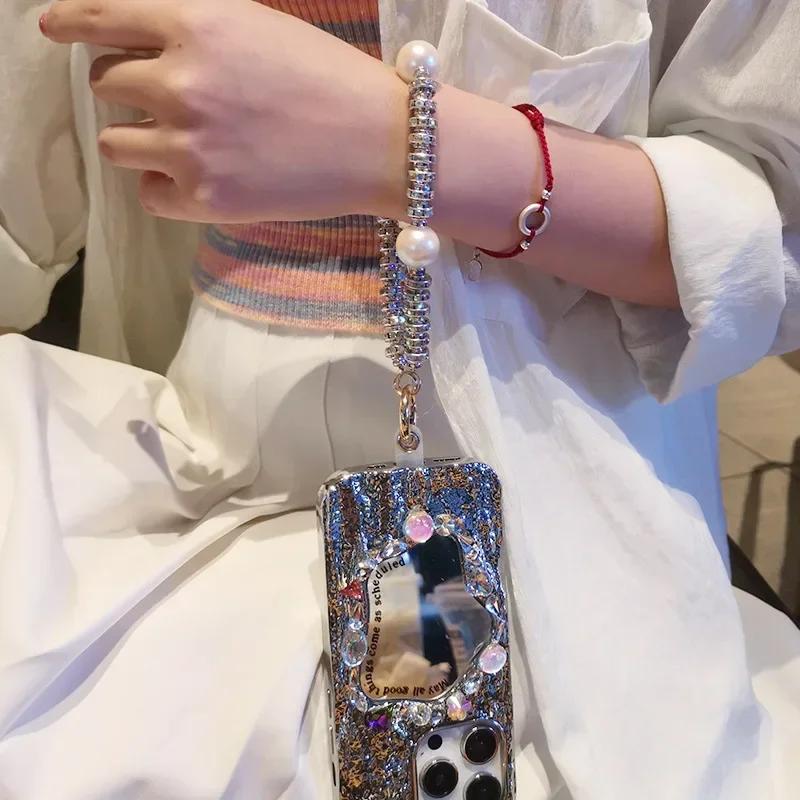 Бриллиантовый кулон Шнурок для телефона Универсальный шнурок Защита от потери Роскошная цепочка на запястье с бриллиантами Короткий ремешок с жемчугом и бриллиантовым кольцом