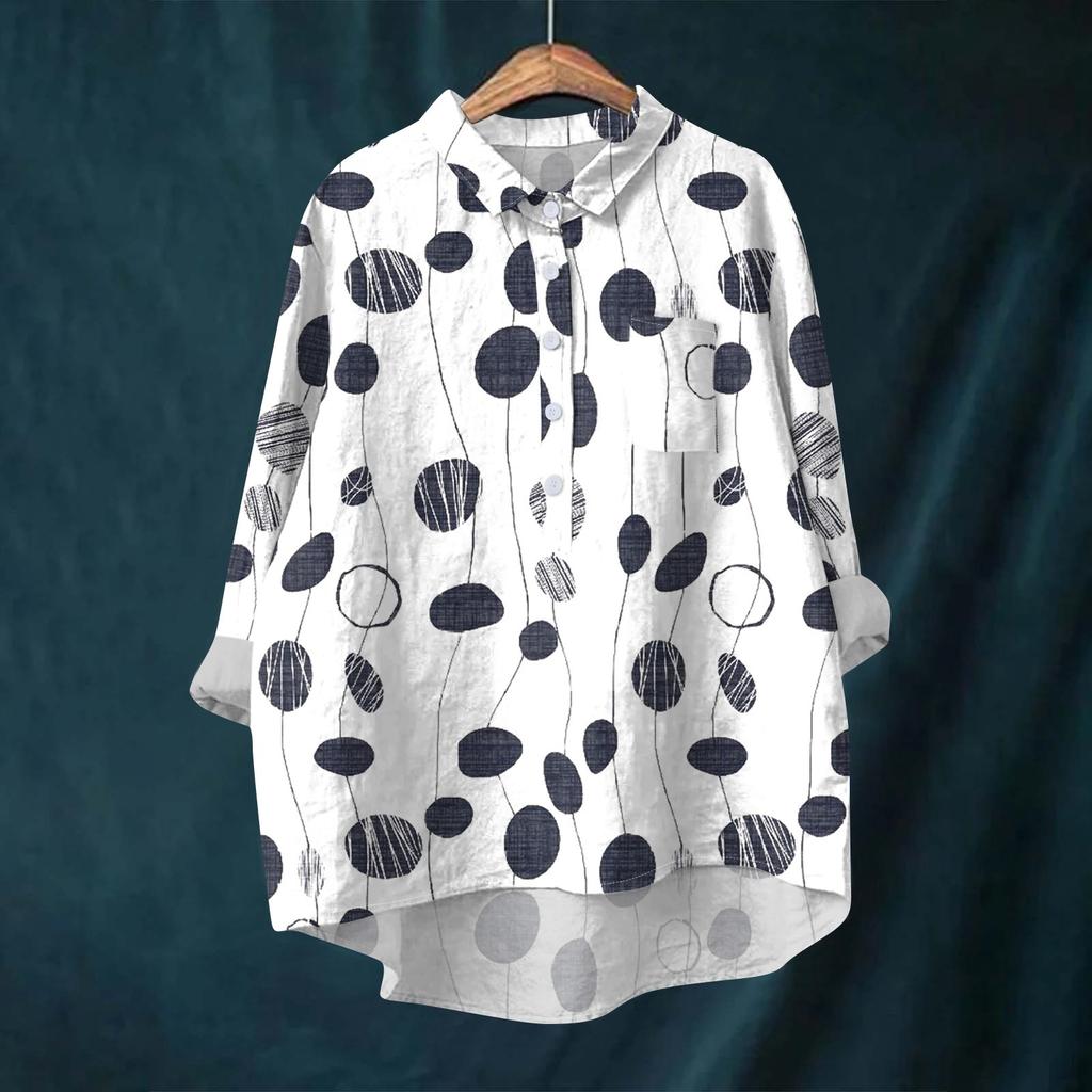 Женская рубашка-блузка с длинными рукавами и принтом на пуговицах, повседневный подол, нестандартный воротник рубашки