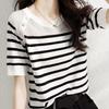 Women Sweaters Pullovers 2025 Summer Short Sleeve Striped O-Neck White Black Knitted Sweater Women Tops Pullover JJ275
