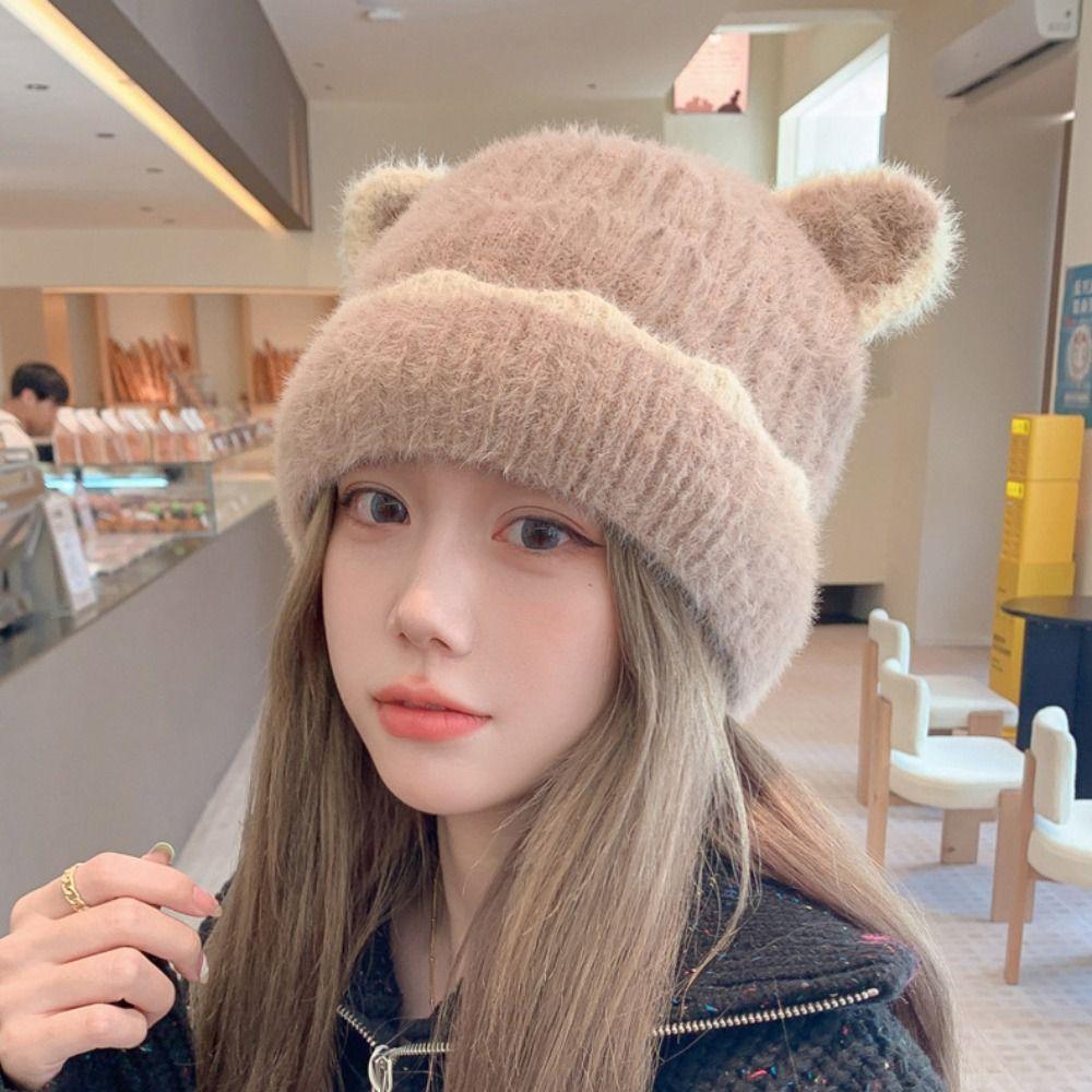 Сохраняйте тепло, вязаная шерстяная шапка, утолщенная вязаная шапочка, милая шапочка с кошачьими ушками для девочек