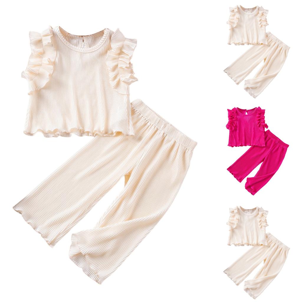 Комплект текстурированного топа для девочек - Наряд без рукавов и брюки