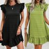 Летнее Повседневное Короткое Платье с Летящими Рукавами Большого Размера Однотонное С Оборчатым Краем Без Рукавов Женское Платье С Круглым Вырезом Простое Элегантное Модное Платье для Вечеринки Праздника