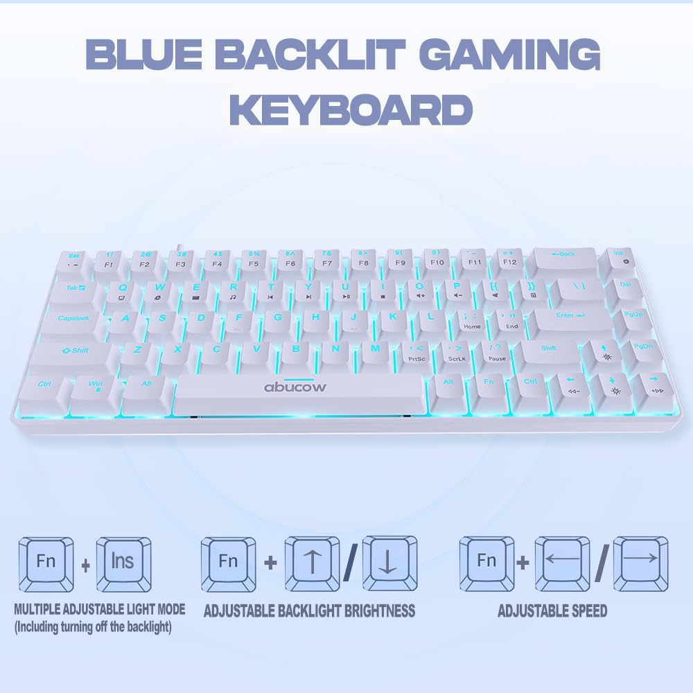 Abucow 60% Mechanical Gaming Keyboard, Black Switches, Wired Compact Keyboard with Blue LED Backlight, Replaceable White Keycaps, Compatible with